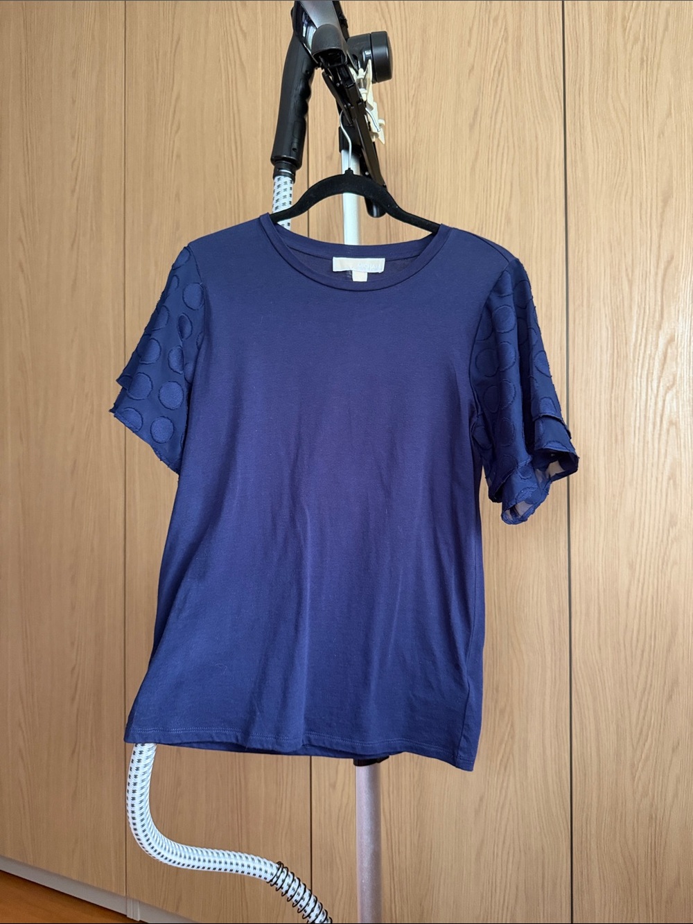 Michael Kors Navy Short Sleeve Top with Textured Dot Flutter Sleeves